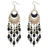 Voberry® Women's Bohemian Classical Fringed Long Section Of Big Beads Pendant Drop Tassels Hook Dangle Earrings (Black)
