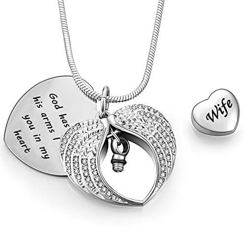 Norya God has You in his arms with Angel Wing Diamond Cremation Jewelry Keepsake Memorial Urn Necklace(Wife)