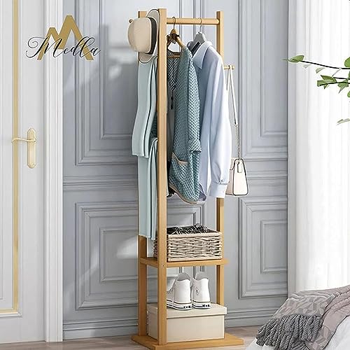 medla Bamboo Clothes Hanger Stand: Wood Cloth Rack with 3 Hanging Hooks and 2 Tier Shoe and Bag Storage Shelves Free Standing Coat Organizer for Hallway Home Office