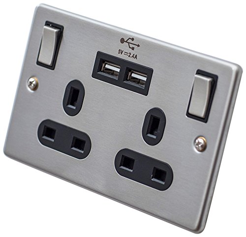 pro elec pl15150 2 Gang Socket with USB - Stainless Steel, 2.0 cm*2.0 cm*2.0 cm