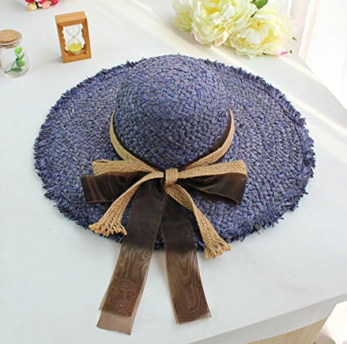 Royal blue staining series of Japanese art Fan raffia beach hat large brimmed sun hat female bow