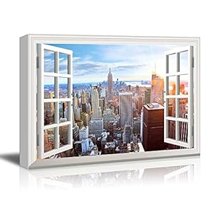 Canvas Wall Art - Window Peering into The New York Skyline with The Empire State Building - Giclee Print Gallery Wrap Modern Home Art Ready to Hang - 12x18 inches