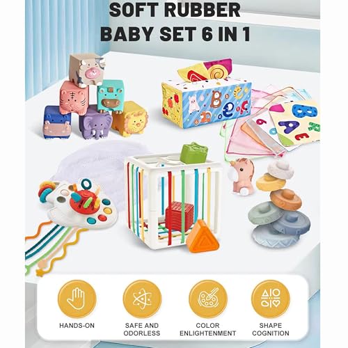 AM ANNA Montessori 6 in 1 Baby Toys for 6-12 Months - Infant Sorter Sensory Bins for Toddlers 1-3, Stacking Blocks, Silicone Teething Toys, Pull String Toy for Boys & Girls - 34pcs
