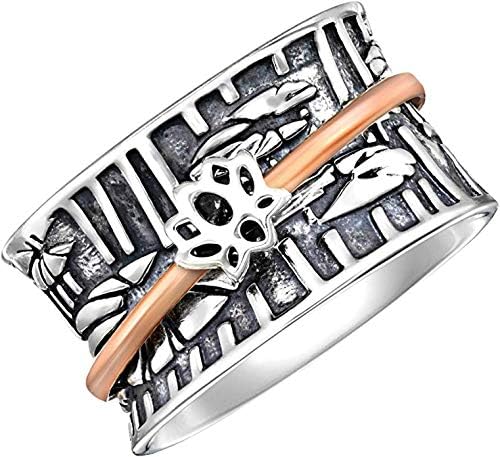 Lotus Peace 3D Lotus Leaves Sterling Silver Base Ring Lotus Flower Meditation Spinner Ring (Style UK53)