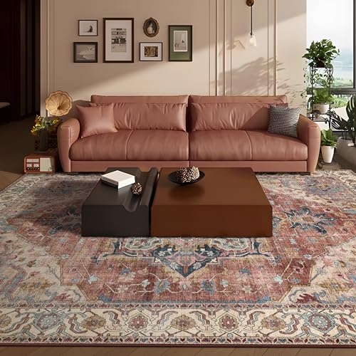 Area Rugs 9x12 Living Room Rug Boho Area Rug Deerly Washable Rugs 9x12 Vintage Diamond Indoor Large Bedroom Rug with Non Slip Rubber Backing for Under Dining Table Office Bedroom, Brickred