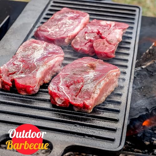 OVERMONT Pre-Seasoned Cast Iron Reversible Griddle Grill Pan with Handles for Gas Stovetop Open Fire Oven, 43.18 * 24.89CM (17x9.8) - One Tray, Scrapers Included