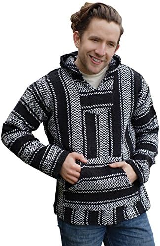 Black Striped Baja Pullover, Classic Style with Pouch Pockets