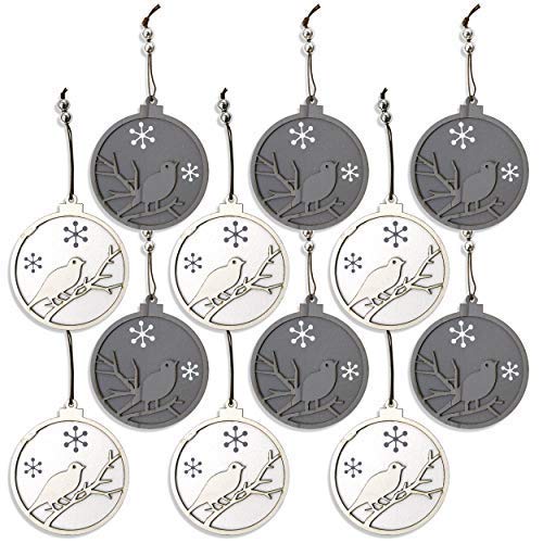 by Robelli Shabby Chic Wooden Christmas Tree Hanging Pendant Baubles Decorations (12 x Grey & White Silhouette Birds)