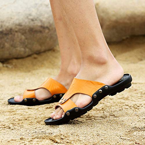 New!!!!! Respctful ♫♫Mens Leather Sandals Casual Slippers Non-Slip Outdoor Slides Fashion Summer Beach Open Toe Flat Shoes Yellow