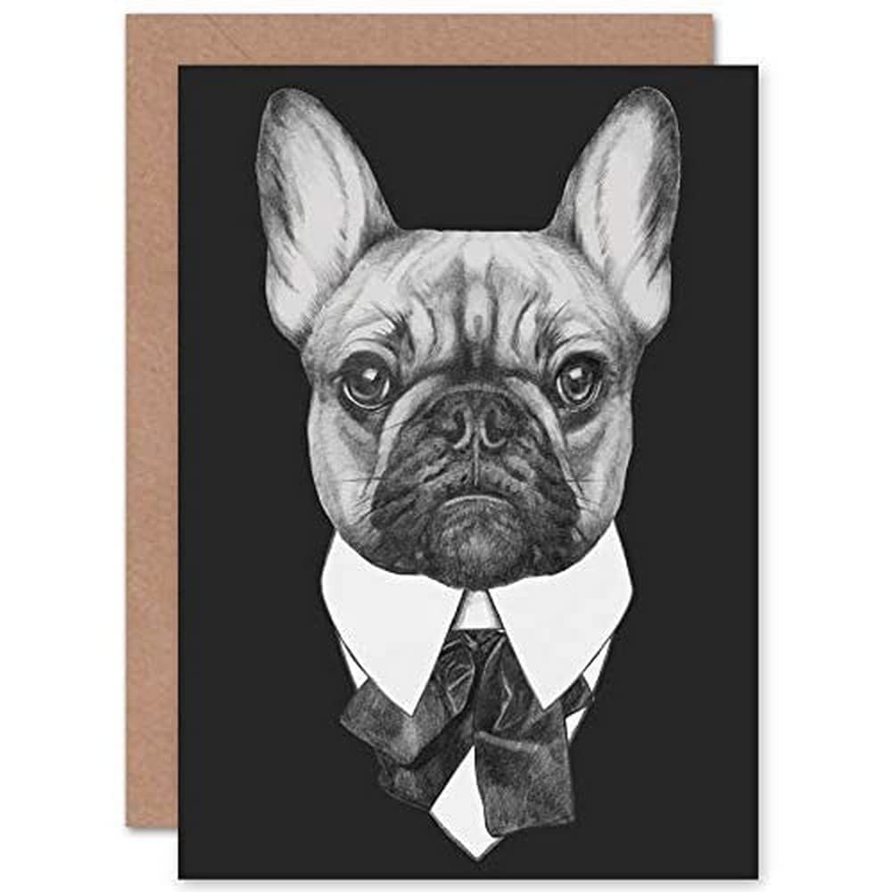 Wee Blue Coo Bow Tie French Bulldog Drawing Greeting Card With Envelope Inside Premium Quality