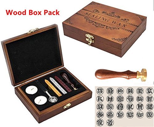 Luxury Vintage Alphabet Initial R Wood Gift Box Pack Engraved Wedding Invitation Classical Old-fashioned Antique Wax Seal Sealing Stamp Wax Sticks Melting Spoon Stamp Maker Gift Box Kit Set