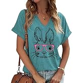 Ovazly Easter V Neck Shirts for Women Happy Easter Bunny with Glasses Blouse Casual Graphic Spring Colorful Tops Tee