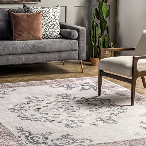 nuLOOM Layna Machine Washable Distressed Vintage Ultra Thin Area Rug, 8' x 10', Light Grey