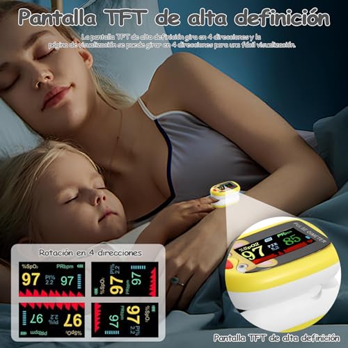 Oximetro pediatrico, oximetro digital recargable, puede monitorear la saturación de oxígeno en sangre, frecuencia del pulso y PI al mismo tiempo, adecuado para pruebas y monitoreo diarios (Amarillo)
