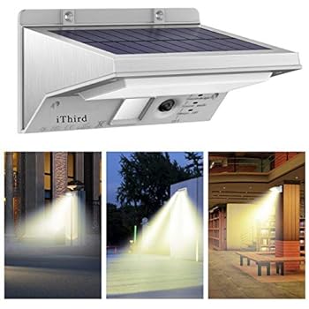 Solar Motion Sensor Light Outdoor, iThird LED Solar Powered Security Lights Stainless Steel for Yard Patio Garage Waterproof 3 Modes Super Bright(Warm White)
