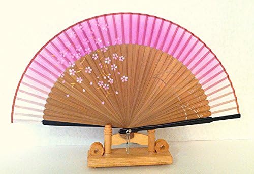 ORIWO Asian Chinese Bamboo Handheld Hand Folding Silk Fan in Cherry Blossom Design with Leaf Pattern Carving on Bamboo Ribs Lavendar Pink Fabric Color