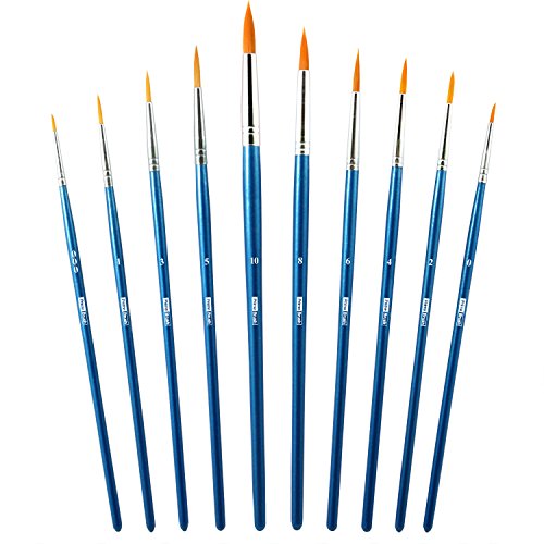 Watercolor Brushes - Round Pointed Tip Paint Brushes for Fine Painting and Detailing - Acrylic Watercolor Oil Ink and Facepaint - Set of 10 Quality Anti-Shedding Nylon Brushes with Secure Ferrules
