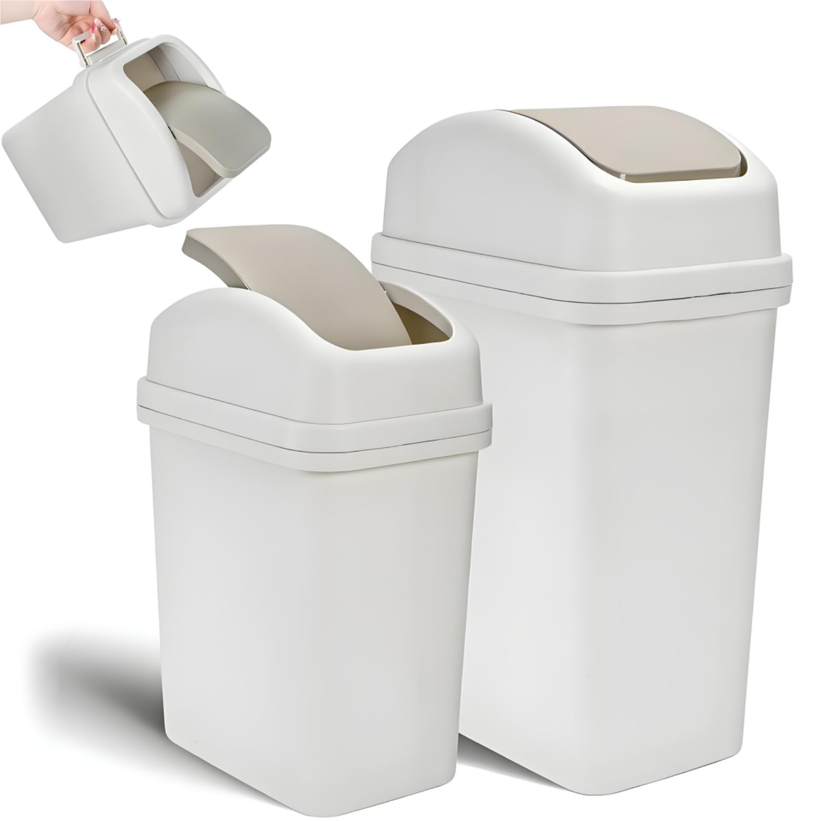 Photo 1 of *ITEM IS DIRTY*
ELFULLY 2 Pack Bathroom Trash Can with Lid, 2.6 and 1.6 Gallon Plastic Slim Garbage Can, Small Wastebasket with Swing Lid, Trash Bin for Kitchen Bedroom Office Toilet, Under Desk Sink Cabinet, Gray ** MISSING LID FOR LARGER CAN ***