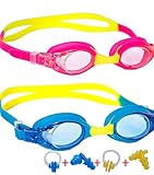 Kids Swim Goggles,2 Pack Clear Child Swimming Goggles,Anti Fog UV Protection Leakproof Silicone Frame Goggles for Children Youth and Eary Teens,with Ear Plugs and Nose Clip