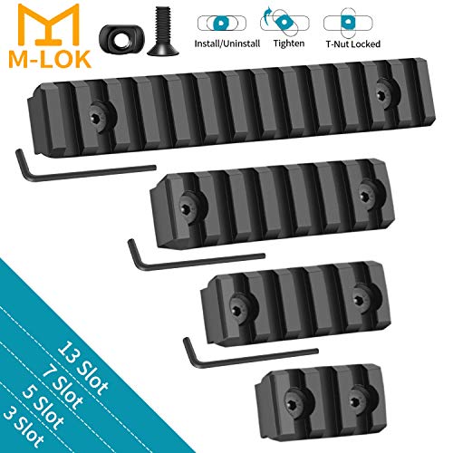 GoldCam M-Lok Picatinny Rail, 3 5 7 13 Slots Mlok Aluminum Picatinny Rails Section Adapter for M LOK Systems with 9 T-Nuts, 9 Screws, 3 Allen Wrench - 4 Pack (M-LOK 3/5/7/13 Slots)