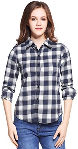 FCLM Women Plaid Blouses Full Sleeve Turn-down Collar Long Button-down Shirts Z66 Size 2XL 1030duan