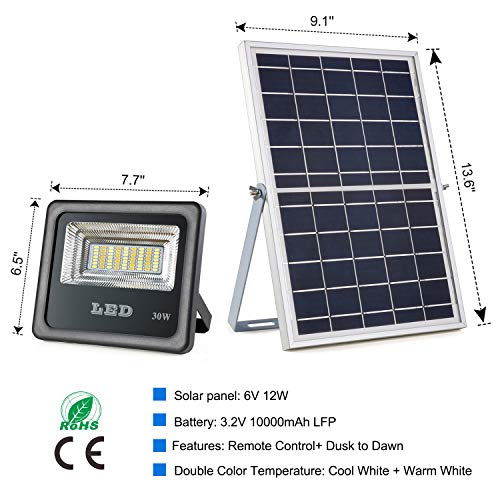 Awanber Solar Powered Flood Lights with RF Remote Control, 1000 Lumens Solar Security FloodLight Outdoor Dusk to Dawn IP66 Waterproof, Double Colors Temperature Solar Light for Sign,Lawn,Garden,Farm