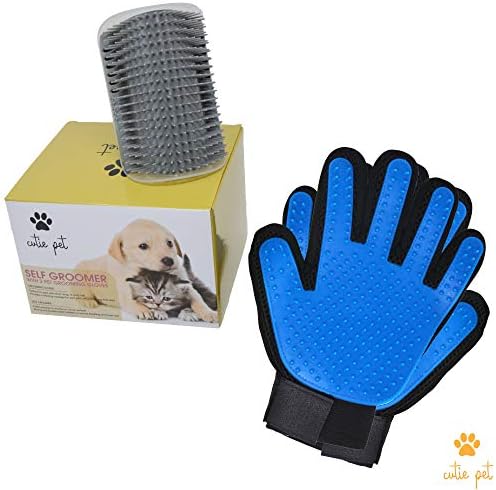 Cutie Pet Grooming Kit - Hair Remover Gloves with Wall Corner Massage Self Groomer - Deshedding Bundle for Dog & Cat with Long & Short Fur