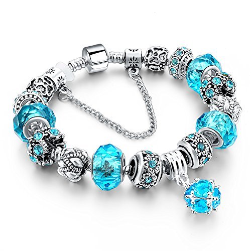 Long Way Blue Beads Carved Bracelet Sliver Plated Snake Chain Charm Strand Bracelet For Women&Men (Silver-blue)