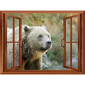 A Bear and a Butterfly Outside of an Open Window | Removable Wall Sticker/Wall Mural - 24"x32"