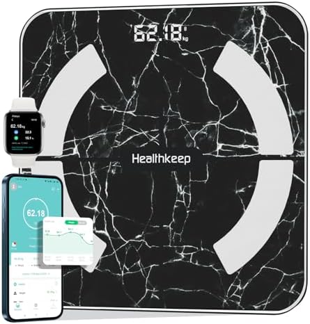 Balance Pèse Personne, Healthkeep Balance Impédancemètre Bluetooth Balance Connectée Haute Précision avec App 13 Indicateurs pour Andriod et iOS Max 180kg/400lb/28st, 28 * 28CM - Marbre Noir