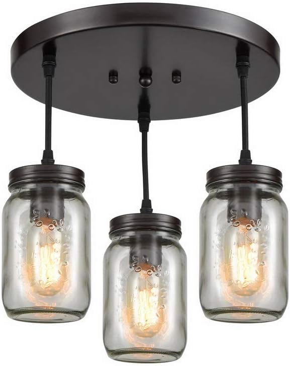 EUL Mason Jar Pendant Lighting Semi Flush Mount Ceiling Light with Clear Glass Shade Oil Rubbed Bronze -- 3 Lights
