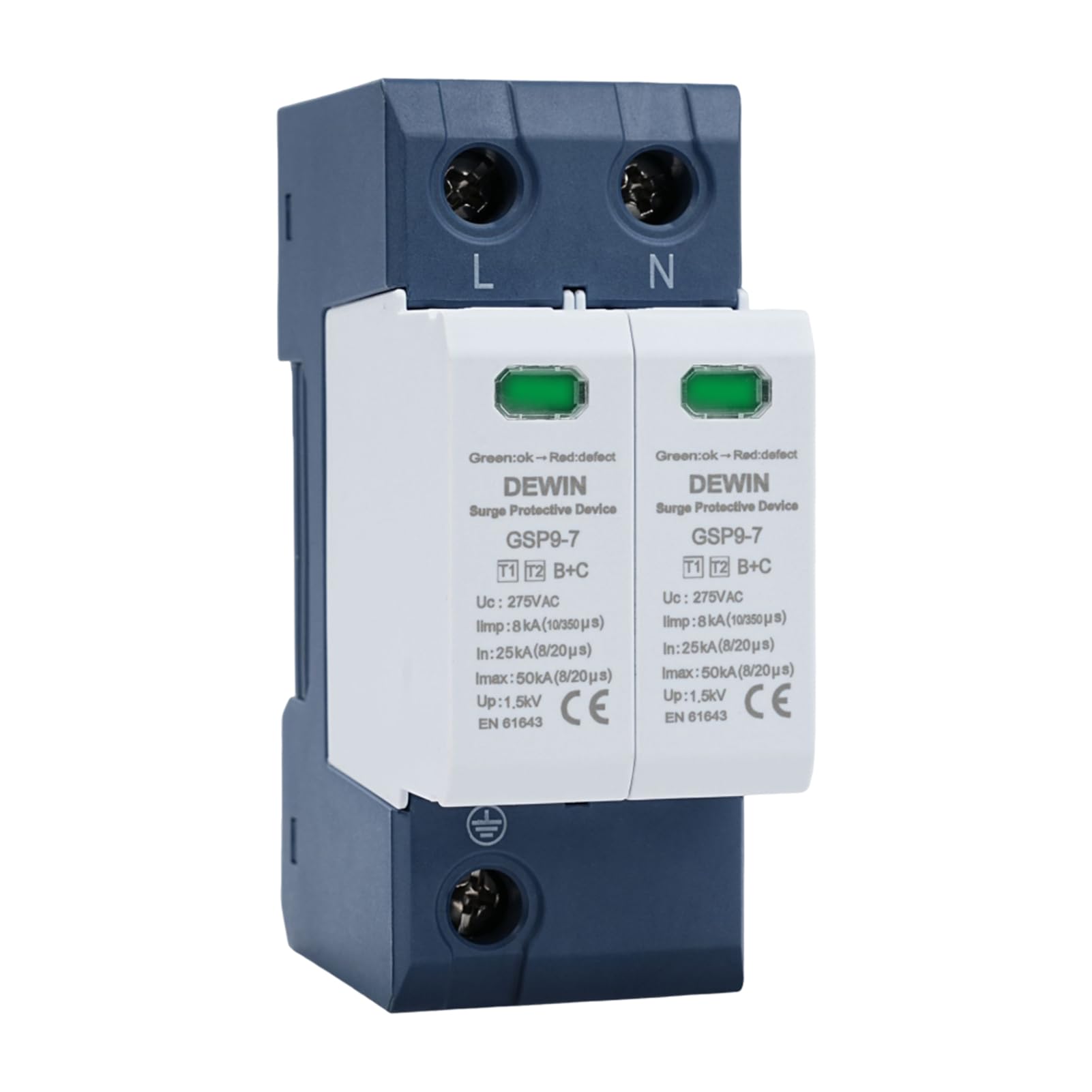 DEWIN 2P Arrester Device, House Lightning Protective Device Low Voltage Surge Protection Arrester Device GSP9-C40 40KA 275V AC for Home and Commercial Lighnting Protection