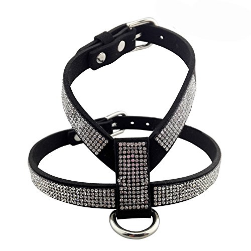 DOGGYZSTYLE Dog Harness Bling Rhinestone Korea Suede Pet Puppy Small Dogs Vest Collar Leash Set For Chihuahua Teacup Cat (Black,XS)