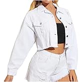 LifeShe Women Cropped Ripped Distressed Denim Jean Jacket Coat Fringe with Frayed Hem