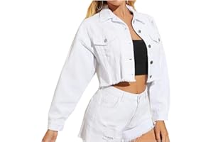 LifeShe Women Cropped Ripped Distressed Denim Jean Jacket Coat Fringe with Frayed Hem