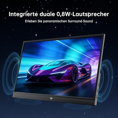Portable Monitor 15,6" 1080P FHD IPS, USB-C & Mini HDMI Tragbarer Externer Bildschirm, Ultraleichter Reise-Gaming-Monitor mit Standfuß & Lautsprechern, für Laptop/PC/Mac/PS3/PS4/PS5/Xbox, Schwarz