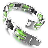 INBLUE Men's Stainless Steel Rubber Bracelet Link Wrist Silver Tone Black Light Green