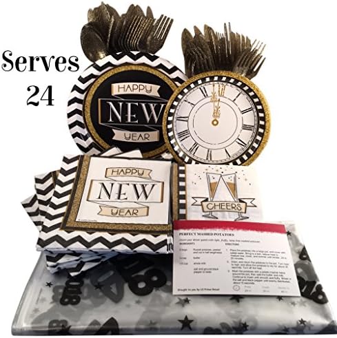 New Years Eve Party Paper Plates and Napkins Serves 24 with Disposable Tablecloth, Utensils and Recipe Card (186 Pieces)