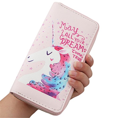 CH Cute Unicorn Girlâ€™s Clutch Handbag Cards Holder Long Zip Wallet Purse (Pink)