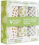 Swaddle Blanket Organic Muslin Bamboo - Newborn Boy and Girl - Soft Receiving Baby Swaddling Blankets - Set of 3 by BunnyPalm - Large - Unisex for Infant or Toddler - 47 x 47 inch - Best Baby Shower