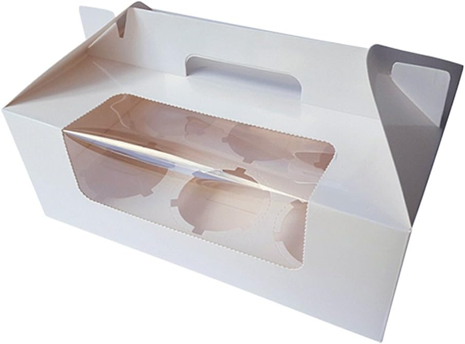 Bakewell's Cake Boxes 10 x Cupcake Boxes in White Gloss Card with Handle Holds 6 Cupcakes
