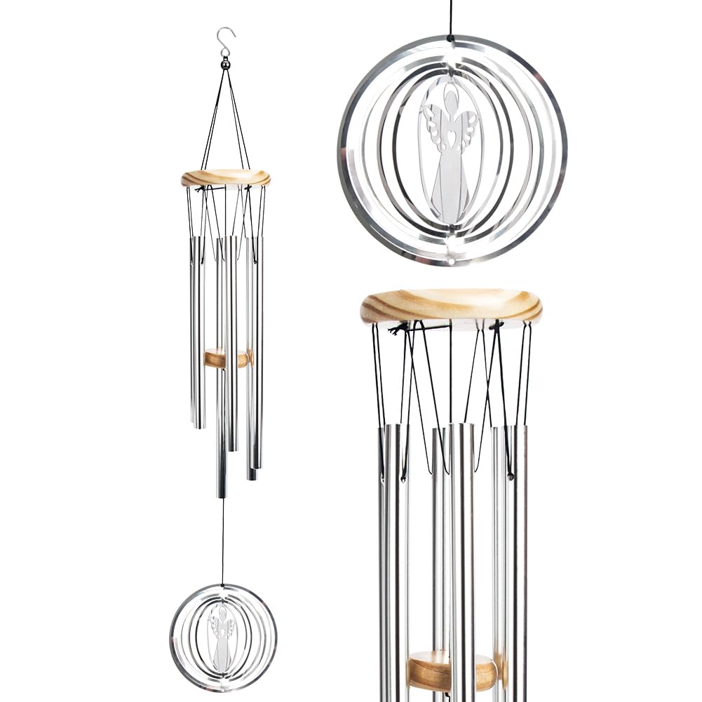 Wind Chime with Wind Spinner, Creative Wind Chimes with 6 Hollow Aluminium Tubes, Wooden Wind Chimes for Garden Decoration, Christmas Birthday Gifts (Silver Angel)