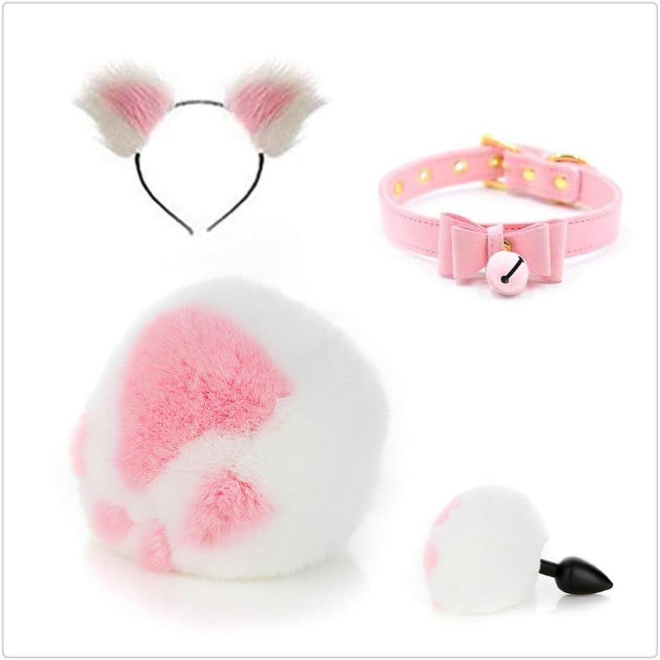 Carinloing Newest Lover Gift Collar with Cute Faux Rabbit Tail Fluffy Stainless Steel with Cat Ears Headband Charms Cosplay Set (White and Pink)