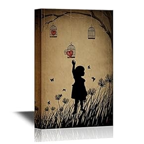 Retro Style Canvas Wall Art - Hearts in The Cage Hanging on The Tree Branch - Vintage Style Giclee Print Gallery Wrap Modern Home Art | Ready to Hang - 12x18 inches