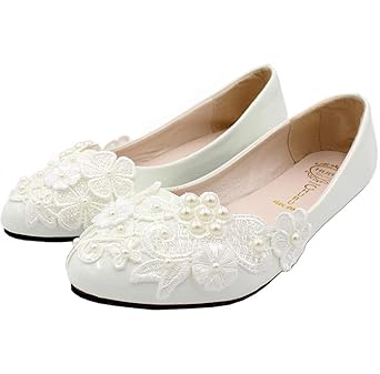 SERAPH BH127 Frauen Blumen Spitze Ballerina Flache Geschlossene Zehe Perlen Braut Hochzeit Schuhe Weiß