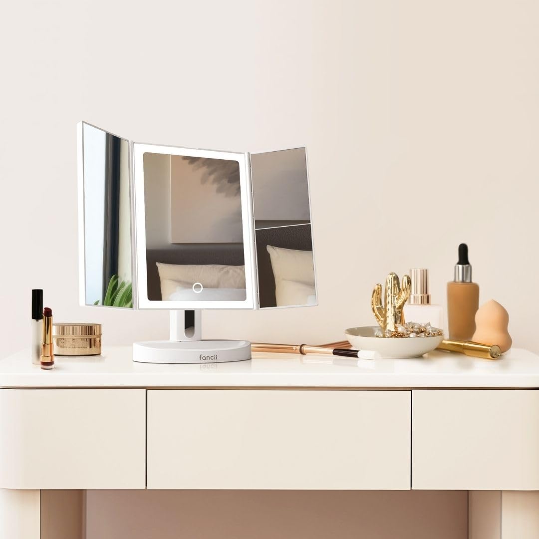 Fancii LED Lighted Vanity Makeup Mirror, Rechargeable Trifold Mirror with 5X & 10x Magnifications - 68 Dimmable Natural Lights, Touch Screen, Best Adjustable Make Up Mirror with Cosmetic Stand
