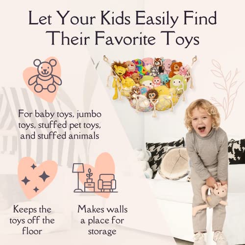 Lilly's Love Stuffed Animal Macrame Hammock w/String Lights Large Boho Style Rope Net Holder