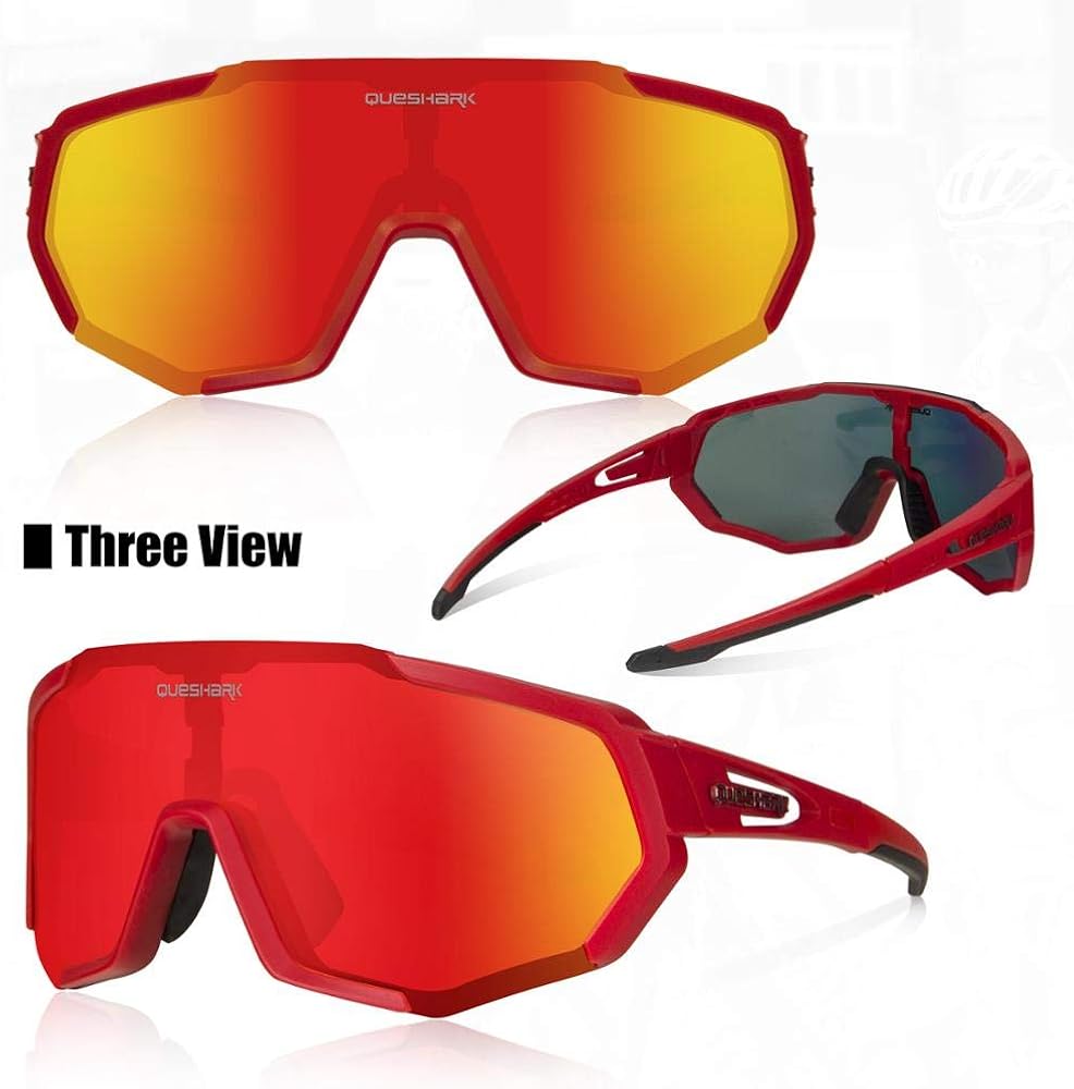 Queshark Cycling Glasses, Sports Sunglasses, Polarized Cycling Glasses with 3 Interchangeable Lenses, Red - Image 3