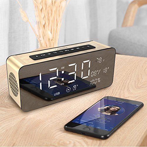 Orionstar Wireless Bluetooth Alarm Clock Radio Speaker with HD Sound & Big Digital Screen Compatible with iPhone/Android/PC4/Aux/Micro SD/TF/USB for Bedroom Office Model A10 Gold with Wall Charger - Thumbnail 6