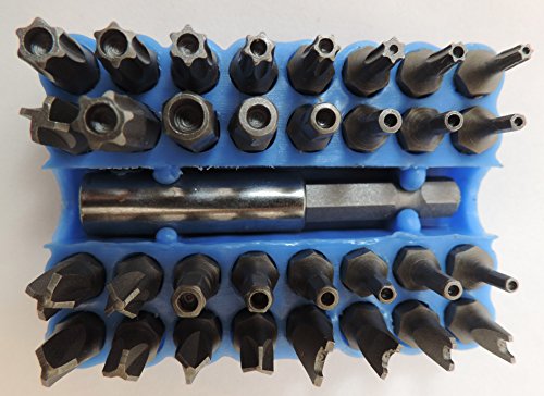 32 Bit Set 1/4" Hex Drive Tamper Proof Torx, Spanner, Large Tri-Point, Tri-Wing, Security Hex, Screwdriver Tips Plus Extension Holder